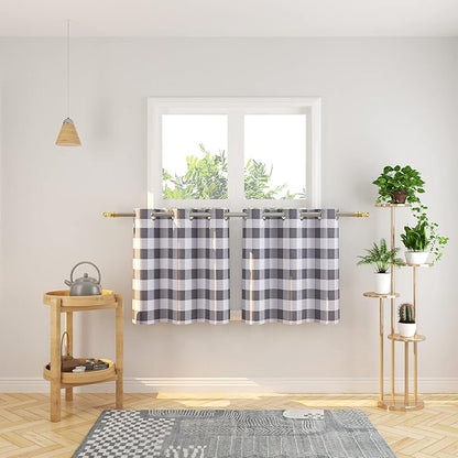 3 Pc Cotton Classic Country Farmhouse Kitchen Window Curtain Grommet Top -Grey & White Buffalo Check Tier & Valance Set, 54" x 18" / 32" x 24"