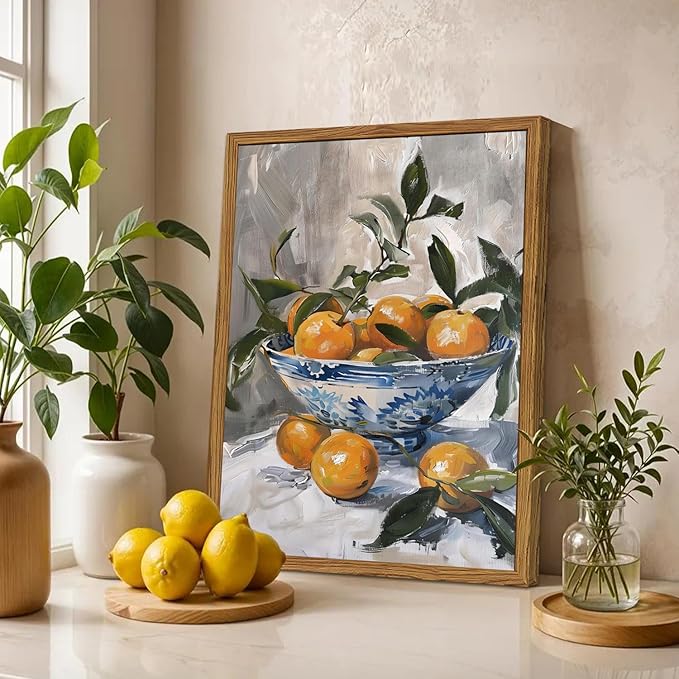 Framed Vintage Oranges Canvas Wall Art, Kitchen Pictures Wall Decor, Rustic Farmhouse Fruit Still Life Paintings Prints Cottagecore Home Decor for Living Room Dining Room 12x16 inch