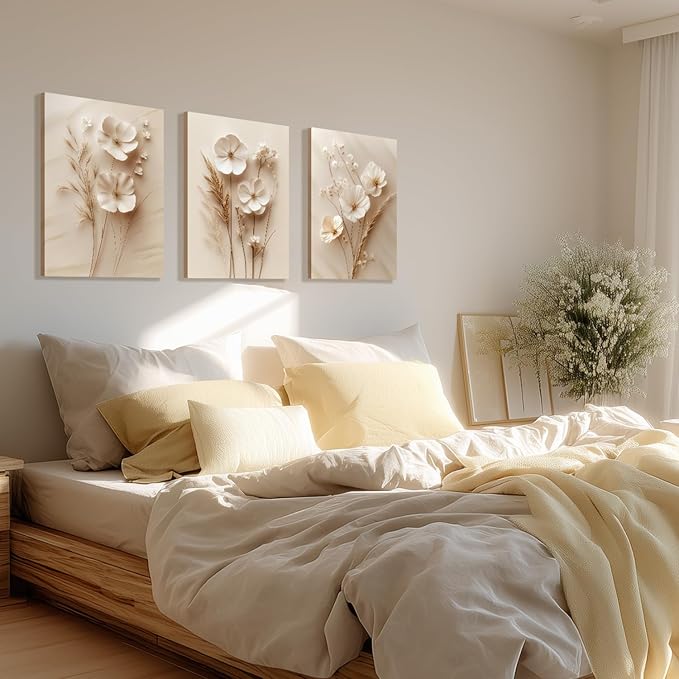 HLXRAE Minimalist Beige Floral Canvas Wall Art, Neutral Farmhouse Wall Decor, Framed Vintage Botanical Poster Prints, Modern Flower Aesthetic Pictures for Bathroom Living Room Bedroom 16"x24"x3