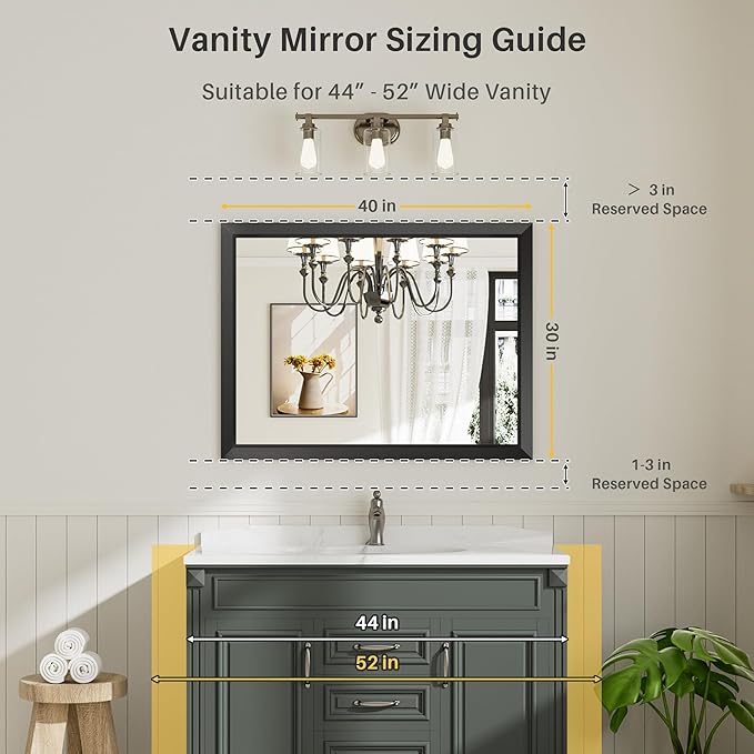 Briivue 40x30 Inch Black Bathroom Mirror for Wall, Thick Metal Framed Rectangle Mirrors for Over Sink, Bedroom, Living Room, Entryway, Anti-Rust, HD Tempered Glass