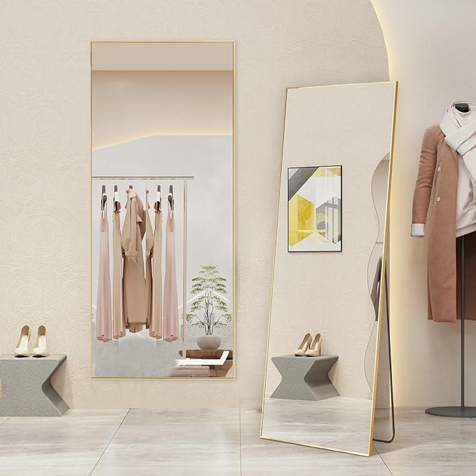 Mirror Full Length, Upgraded 21"x64" Body Wall Mirrors with Shatter-Proof Glass, Floor Standing, Hanging or Leaning, Tall Mirror with Stand Aluminum Alloy Frame for Bedroom, Gold