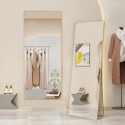 Mirror Full Length, Upgraded 21"x64" Body Wall Mirrors with Shatter-Proof Glass, Floor Standing, Hanging or Leaning, Tall Mirror with Stand Aluminum Alloy Frame for Bedroom, Gold