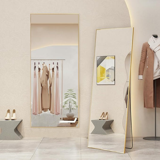 Mirror Full Length, Upgraded 21"x64" Body Wall Mirrors with Shatter-Proof Glass, Floor Standing, Hanging or Leaning, Tall Mirror with Stand Aluminum Alloy Frame for Bedroom, Gold