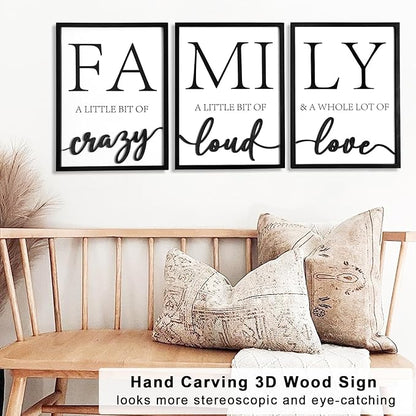 3D Wood Family Wall Decor, 36" x 16" Framed Family Sign Wall Art, 3D Pictures for Living Room (Ready to Hang, 12x16 inches, Set of 3, Framed)
