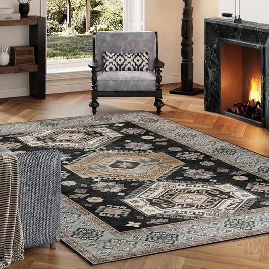 4x6 Area Rugs Black and White Washable Rug for Living Room, Dining Room, Bedroom, Large Carpets, Non Slip & Non-Shedding Low Pile Vintage Print Rug for Home Office Decor