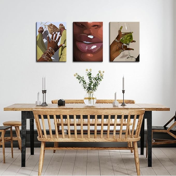 Black Girl Wall Art Framed Set of 3 - African Woman Canvas Home Decor American Woman Wall Decor Black Female Print Pictures Fashion Abstract Poster for Home Bedroom Bathroom 16×24 Inch
