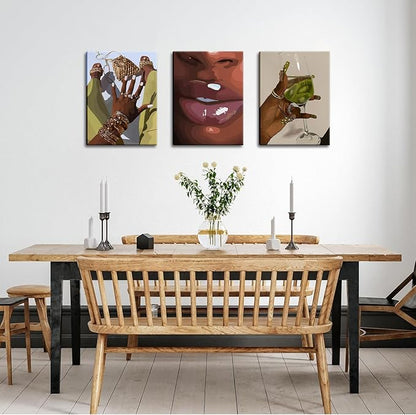 Black Girl Wall Art Framed Set of 3 - African Woman Canvas Home Decor American Woman Wall Decor Black Female Print Pictures Fashion Abstract Poster for Home Bedroom Bathroom 12×16 Inch