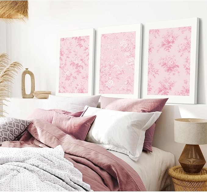 Pink Floral Wall Art Chinoiserie Flower Wall Decor Pictures Aesthetic Canvas Wall Art Love Shack Fancy Poster Vintage Floral Prints for Living Room Bedroom 16x24 Inch Framed Set of 3