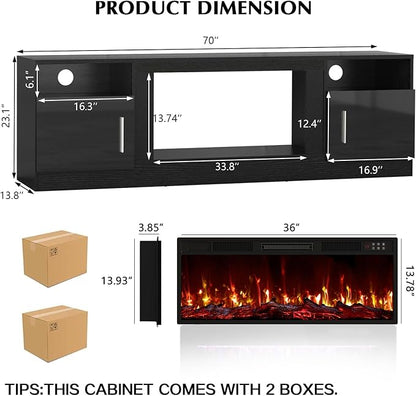 LEMBERI Fireplace tv Stand with 36 inch Fireplace Up to 80" TVs,LED Light Entertainment Center and Storage, 70" Modern Wood Media TV Console with Highlight Cabinet for Living Room (Black)