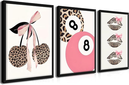 raiqtols Trendy Pink Leopard Bow Wall Art Prints Set of 3 – Funky Cherry and Lucky 8 Ball Posters, Coquette Preppy Aesthetic Pictures for Girls Bedroom Apartment Dorm Room Wall Decor – 16x24in