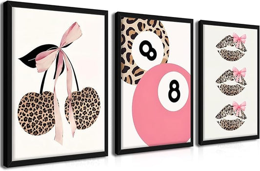raiqtols Trendy Pink Leopard Bow Wall Art Prints Set of 3 – Funky Cherry and Lucky 8 Ball Posters, Coquette Preppy Aesthetic Pictures for Girls Bedroom Apartment Dorm Room Wall Decor – 16x24in