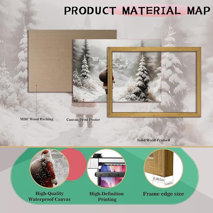 Vintage Christmas Canvas Wall Art, Wood Framed Santa Claus Wall Decor Painting, Rustic Farmhouse Winter Snow Scene Poster Print Picture 8x10 inch, Best Holiday Decor for Living Room Bedroom Home