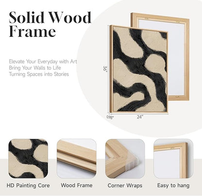 Framed Neutral Abstract Wall Art for Living Room, 3 Piece Black and Beige Mid Century Modern Painting Print, Large Line Canvas Artwork for Dining Room Bedroom Hallway Office Walls Decor, 24x36 Inch