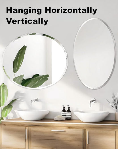 Frameless Oval Wall Mirror: Decorative Elliptical Mirrored Glass Vanity with Beveled Silver Edge for Bathroom Bedroom Livingroom Dining Room Entryway Hallway, 32 x 24 inch