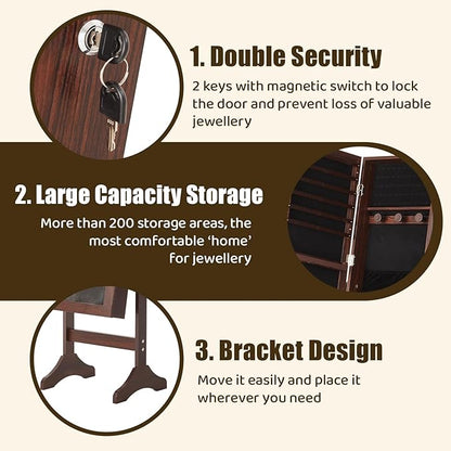 DUMOS Jewelry Armoire Cabinet with Full Length Mirror, 47.3" Jewelry Organizer, Lockable Large Capacity Jewelry Armoire with Drawers, 3 Adjustable Angles, Rustic