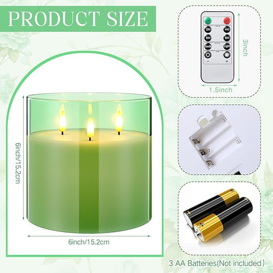 Retisee 6'' x 6'' Extra Large Flameless Candles, 3 Wick Glass Large Candles with Remote Control and Timer Function, Real Wax LED Pillar Flickering for St. Patrick's Spring Party Decor(Green,1 Pcs)