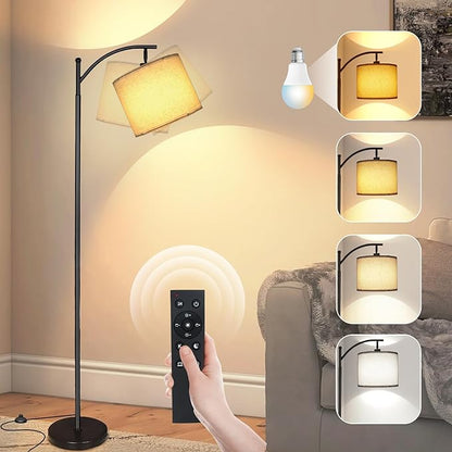 mukuxin LED Floor Lamps for Living Room, 12W 1200LM Modern Arc Floor Lamp with Remote & Adjustable Linen Lampshade, 12 Color Temperature Stepless Dimmable Tall Standing Lamp (Beige)