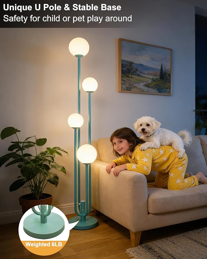 Lightdot Green Globe Floor Lamp 4-Lights Dimmable Floor Lamps with 3000K Bulbs Included Unique Modern Standing Tall Lamp with 5Lbs Heavy Base for Living Room/Bedroom