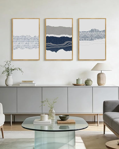 PHOPAGO Navy Blue Abstract Framed Wall Art Large 16x24in Mid Century Minimalist Boho Wall Decor Modern Neutral Farmhouse Rustic Art Bedroom Living Decor - Natural Framed