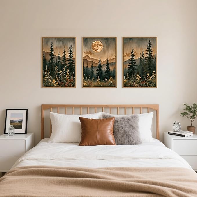 HOURIA Vintage Boho Nature Moonlight Forest Mountain Framed Canvas Wall Art Set,Wilderness Dark Moon Woodland Floral Decor,Retro Wildflower Field Landscape Artwork for Living Room,Farmhouse-24 x36 x3