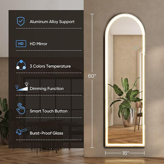 16"×60" Arched LED Full Length Mirror with Stand, Full Body Wall-Mount Mirror with LED Lights 3 Color Lighting, Hanging or Leaning, Floor Standing, Modern Simple Home Wall Decor