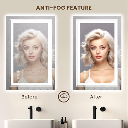 WTTY RGB LED Bathroom Mirror 24"x36" with Backlit and 3 Front Light,Stepless Dimmable LED Mirror for Bathroom,Lighted Bathroom Vanity Mirror for Wall,Anti-Fog,Memory Function,Shatter-Proof