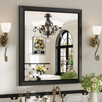 28x32 Inch Black Bathroom Mirror for Wall, Beveled Framed Rectangle Bathroom Vanity Mirrors for Over Sink, Bedroom, Living Room, Entryway, Anti-Rust, HD Tempered Glass, Horizontally/Vertically