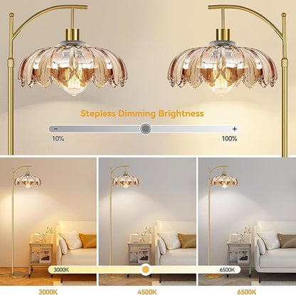 Arc Floor Lamp for Living Room Gold Floor Lamp with Remote Control,Dimmable Floor Lamps With Glass Lampshades,Mid Century Modern Standing Lamp Tall Vintage Flower Floor Lamps for Bedroom,Corner