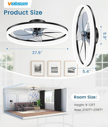 VOLISUN Low Profile Ceiling Fans with Lights and Remote, 27.6in Fandelier Ceiling Fan Flush Mount, 3000K-6500K Smart Bladeless LED Fan Light, Black Modern Ceiling Fans with Lights for Bedroom