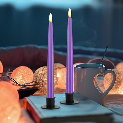 CVHOMEDECO. Flameless Taper Candles with 10-Key Remote, Battery Operated Led Flickering 3D Wick Window Candles Real Wax Finished Home Christmas Party Decor 0.78 x 11 Inch, Pack of 2, Purple