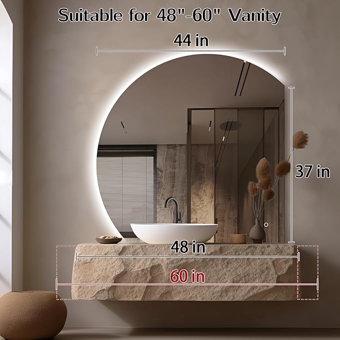 Niccy 44" LED Bathroom Mirror with Lights, Half Moon Led Mirrors, Irregular Backlit Mirrors for Entryway, Anti-Fog, Dimmable, Makeup Mirror, Explosion Proof, Round Lighted Vanity Mirrors, White Light