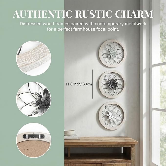 AIM & GGKK 3 Piece Round Farmhouse Wall Decor Set with Interchangeable Metal Flower, 12 Inch Rustic Wall Art for Living Room, Kitchen, Dining Room, Bedroom Modern Farmhouse Style