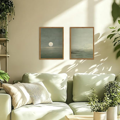 Framed Sage Green Japanese Canvas Wall Art Set of 2, Minimalist Moon and Birds Pictures Wall Decor, Neutral Landscape Artwork Paintings Prints Zen Home Decor for Living Room Bedroom Office 16x24 Inch