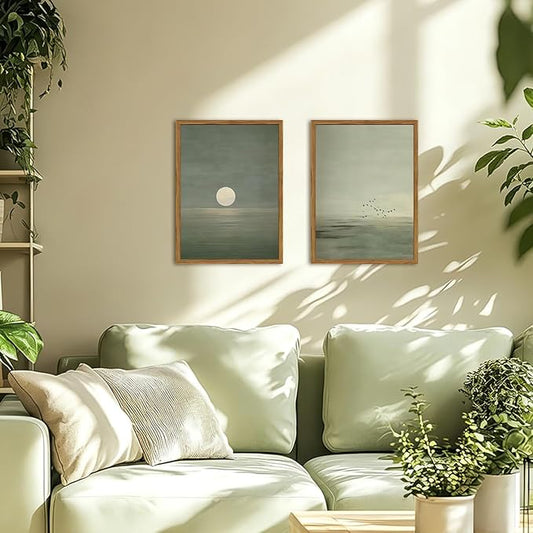 Framed Sage Green Japanese Canvas Wall Art Set of 2, Minimalist Moon and Birds Pictures Wall Decor, Neutral Landscape Artwork Paintings Prints Zen Home Decor for Living Room Bedroom Office 16x24 Inch