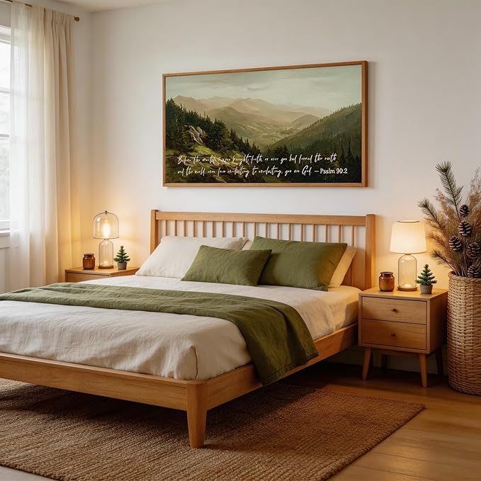 CHDITB Bible Verses Quotes Scripture Psalm 90:2 Wall Art Framed, Neutral Boho Farmhouse Christian Mountain Landscape Canvas Artwork, Large Vintage Religious Biblical Nature Smoky Forest Painting Decor for Living Room Office (40"L x 20"W)