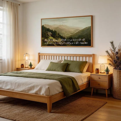 CHDITB Bible Verses Quotes Scripture Psalm 90:2 Wall Art Framed, Neutral Boho Farmhouse Christian Mountain Landscape Canvas Artwork, Large Vintage Religious Biblical Nature Smoky Forest Painting Decor for Living Room Office (40"L x 20"W)