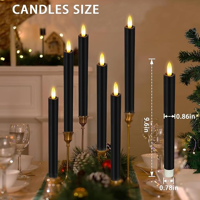 Upgraded Real Wax LED Flameless Black Taper Candles with Remote, KSWING 6 PCS Candlesticks Battery Operated 3D Flickering - 9.6" Long Realistic Fake Candle Sticks for Home/Wedding/Fireplace Xmas Decor