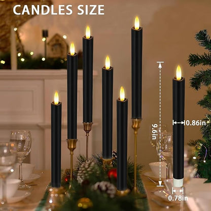 Upgraded Real Wax LED Flameless Black Taper Candles with Remote, KSWING 6 PCS Candlesticks Battery Operated 3D Flickering - 9.6" Long Realistic Fake Candle Sticks for Home/Wedding/Fireplace Xmas Decor
