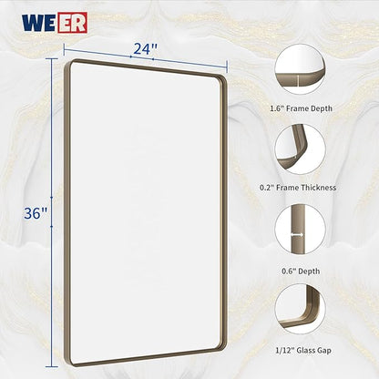 WEER 24x36 Inch Bronze Bathroom Mirror for Vanity, Brushed Bronze Metal Frame Rounded Rectangle Mirror with Tempered Glass, Anti-Rust (Horizontal/Vertical)