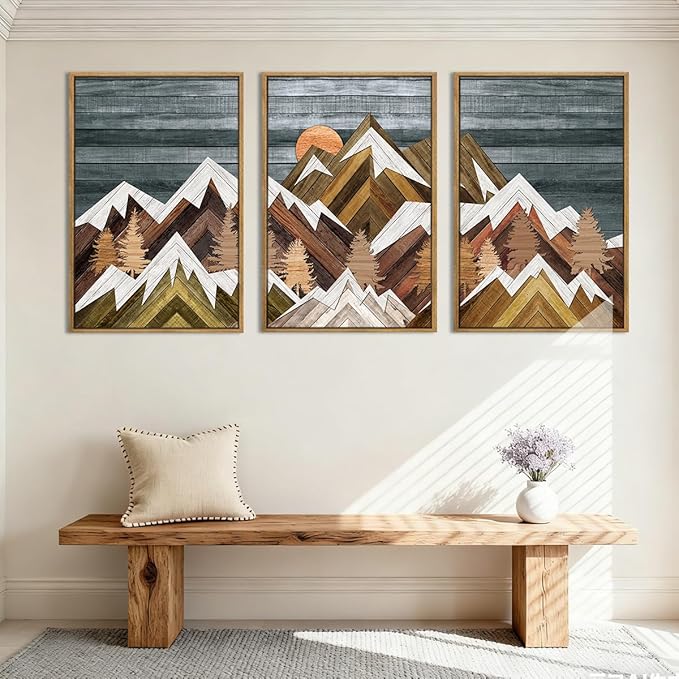 BINCUE Rustic Mountain Canvas Wall Picture Framed Mountain Wall Art Nature Landscape Artwork Boho Mountain Wall Decor Farmhouse Painting for Office Living Room Bedroom 16x24 Inches Set of 3