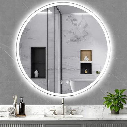 28 Inch LED Bathroom Mirror: Round Vanity Mirror with Lights, Dimmable & 3 Color Change, Backlit&Front Lit,4MM Tempered Glass, Shatterproof, Anti-Fog Bathroom Shower Mirror, espejos para baños con luz