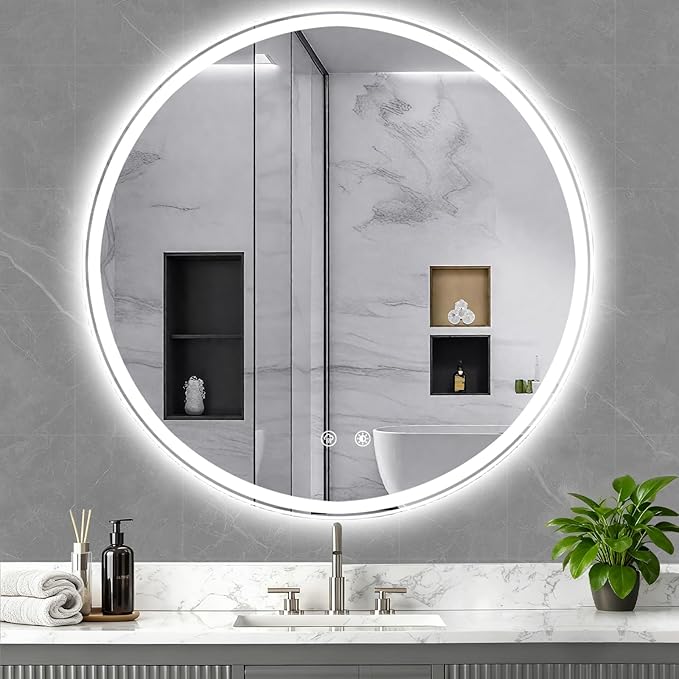 40 Inch LED Bathroom Mirror: Round Vanity Mirror with Lights, Dimmable & 3 Color Change, Backlit&Front Lit,4MM Tempered Glass, Shatterproof, Anti-Fog Bathroom Shower Mirror, espejos para baños con luz