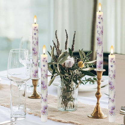 Flickering Flameless Taper Candles with Remote and Timer, 4 Pack Real Wax Battery Operated LED Taper Candles 3D Wick Purple Flower Decal Dinner Wedding Spring Home Decor(0.75" D x 9.65" H)