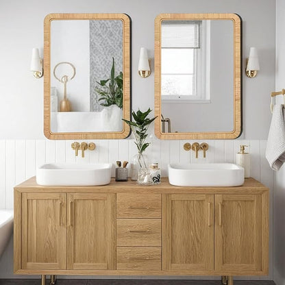 FUIN 24"x36" Rattan Wall Mirror, Natural Wicker Rectangle Bathroom Vanity Mirror, Hanging Boho Decorative Mirror for Farmhouse, Entryway, Bedroom, Living Room, Horizontal Vertical Mount