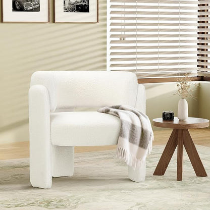 COLAMY Modern Accent Chair, Velvet Accent Chairs, Upholstered Barrel Chairs with Solid Wood Legs, Comfy Side Chair for Living Room, Bedroom, Reading, Cozy Reading Chair,Cream