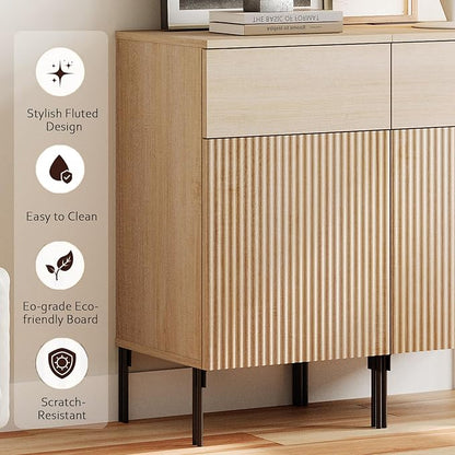 WAMPAT Fluted TV Stand TVs up to 35", 31.5" W Modern TV Entertainment Center with Storage Cabinets and 1 Drawers & 2 Doors, Wood Media TV Console Table with Storage for Living Room, Beige