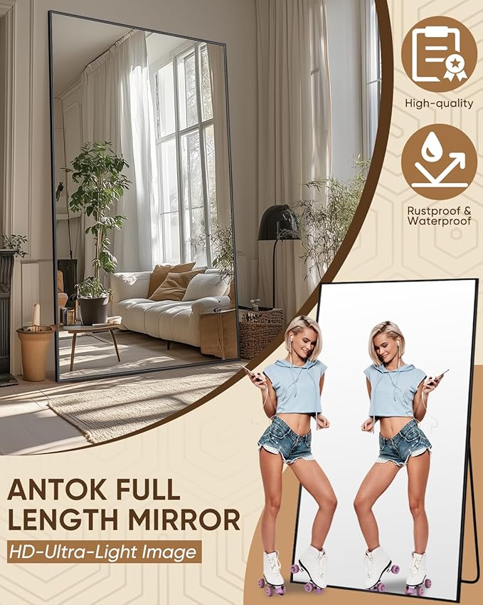 Antok Full Length Mirror, 86"x46" Oversized Floor Mirror Freestanding, Full Body Mirrors Floor Standing Mirror with Stand, Hanging Mounted Mirrors for Living Room Cloakroom,Black,Rect Style