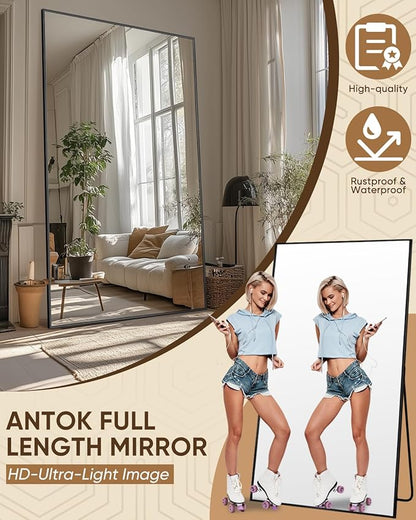 Antok Full Length Mirror, 86"x46" Oversized Floor Mirror Freestanding, Full Body Mirrors Floor Standing Mirror with Stand, Hanging Mounted Mirrors for Living Room Cloakroom,Black,Rect Style