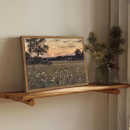 Vintage Farmhouse Wall Art, Rustic Floral Wall Decor Paintings, Twilight Firefly Artwork Painting Field Nature Landscape Canvas Prints for Bedroom Living Room 12x16 inch Wood Framed