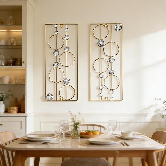ZEXUIRU 2 Pack Bling Abstract Metal Wall Art Minimalist Line Jeweled Crystal Wall Decor Modern Geometric Rhinestone Hanging Wall Sculpture for Living Room Bedroom Bathroom Office